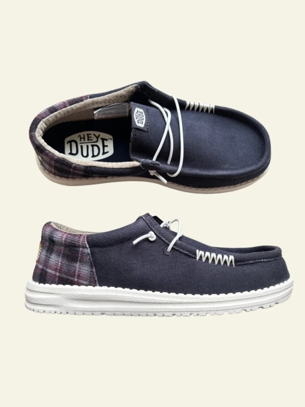 Hey Dude Navy Canvas Slip-On Loafers with Plaid Heel